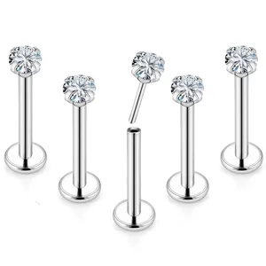 Edelstahl Labret Stecker Piercing Schmuck mit klarem Zirkonia Stein Detail Ansicht.