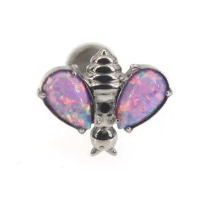 G23 titanium opal bee piercing labret stud, exquisite cartilage earring jewelry detail shot.