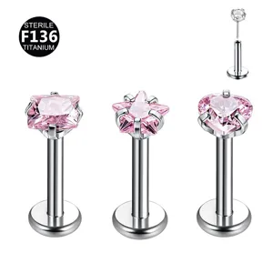 Titanium Labret Piercing mit rosa Zirkonia Kristall Knorpel Ohrring Hauptansicht Stift.