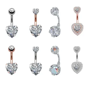 Stainless Steel Heart Belly Button Rings Rhinestone Geometric Inlaid Curved Bar Body Piercing Jewelry For Men Women Daily Decor