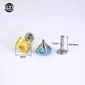 G23 Titan Labret Piercing Stecker mit 6mm farbigem Zirkonia und verschiedenen Längen.