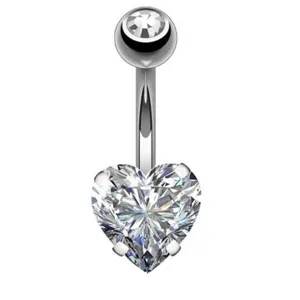 Stainless steel heart belly button ring detailed view, sparkling zircon navel piercing jewelry.