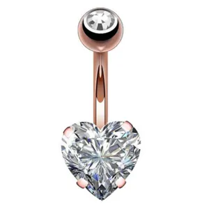 Rose gold heart cubic zirconia navel ring stainless steel body piercing jewelry detail view