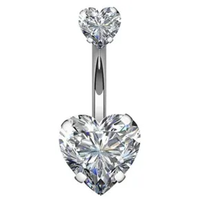 Detailed view of the sparkling double heart cubic zirconia navel ring crafted in stainless steel.