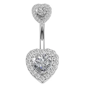 Detail view of double heart navel ring featuring sparkling cubic zirconia and stainless steel.