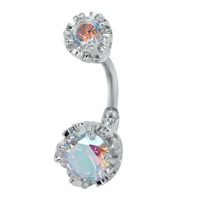 Stainless steel navel ring with dual iridescent cubic zirconia stones for body piercing.