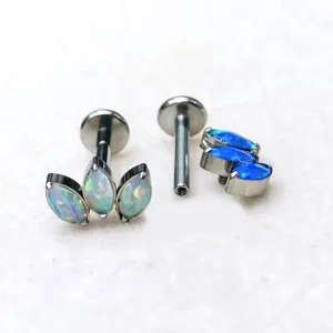 Titanium 3-marquise opal cluster labret piercing stud, exquisite body jewelry detail shot.