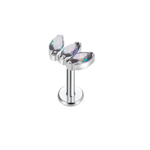 Titanium marquise crown body piercing detail, multi-color cubic zirconia labret ear stud.