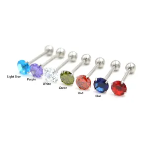 Stainless steel barbell tongue ring with colorful cubic zirconia stones piercing