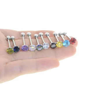 Round prong-set zircon tongue ring body piercing jewelry stainless steel barbell stud for women