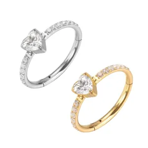 G23 Titanium Clicker Nose Ring Heart CZ Paved Septum Piercing Body Jewelry Detail