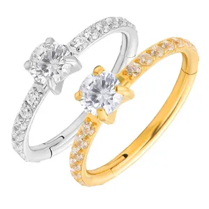 Detailed view of G23 titanium hinged segment nose ring featuring sparkling cubic zirconia.