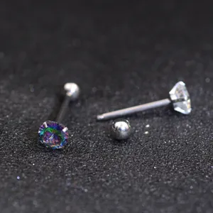 Stainless steel tongue barbell body piercing jewelry with clear and mystic cubic zirconia stones.