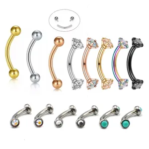 Surgical steel curved barbell eyebrow rook piercing jewelry set with multi colors and crystal stones 16g