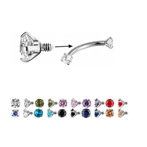 Stainless steel curved barbell body piercing jewelry with colorful crystal gemstone tops.