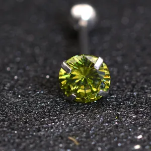 Body piercing tongue ring with green cubic zirconia stone round prong set stainless steel body jewelry