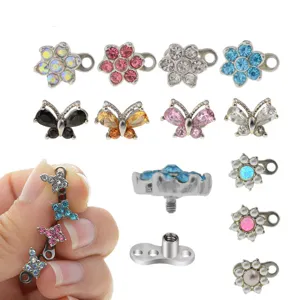 Micro dermal piercing top featuring butterfly and flower opal designs in titanium steel.