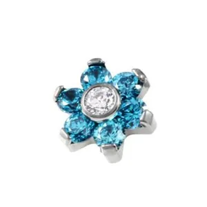Blue and white zirconia flower body piercing jewelry top for dermal anchor and ear piercing.