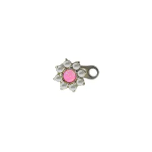 Flower dermal anchor top pink opal and white pearl steel body piercing jewelry detail view