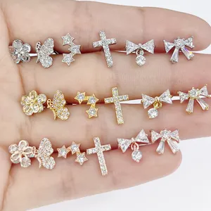 316L Stainless Steel Butterfly Cross Star Flower Stud Earrings For Women Men Rhinestone Cartilage Tragus Piercing Jewelry