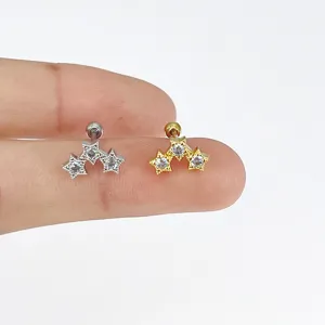 Stainless steel triple star cubic zirconia cartilage piercing earrings set for women.