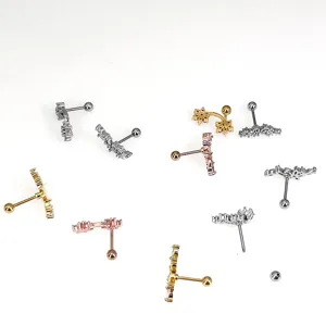 Stainless steel cubic zirconia floral cartilage piercing earrings set in silver, gold and rose gold.
