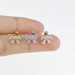 Stainless steel bow zircon cartilage stud earring detail view showing multi-color options