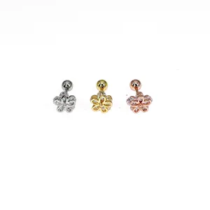 Stainless steel cubic zirconia flower cartilage piercing stud earrings in three colors.