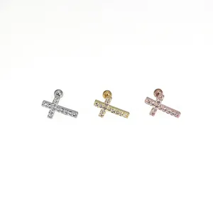 Zirconia cross cartilage piercing stud earrings, stainless steel body jewelry, 3 colors.
