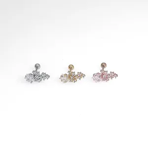 Stainless steel crystal flower cartilage stud earring detail view, multi-color option.