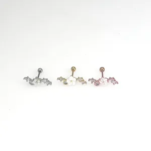 Detail view of 20G stainless steel cartilage piercing earrings featuring flower and crystals.