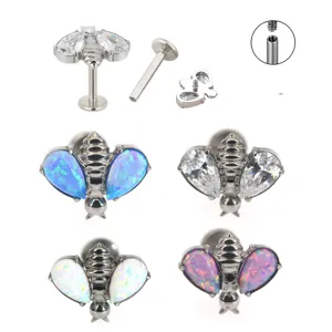 G23 titanium bee labret stud cartilage piercing body jewelry with opal and cubic zirconia