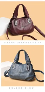 Detailed view of the stylish multi-layer large capacity shoulder handbag in wine red and blue.
