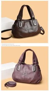 Detail view of the multi-layer large capacity leather shoulder handbag with elegant design.