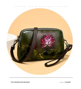 Vintage embossed lotus women shoulder bag retro green leather fashion handbag casual purse