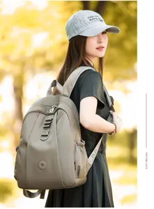 Detailed view of the casual nylon backpack showcasing front strap and durable buckle design.