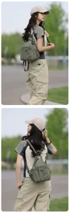 Green multi-pocket nylon small backpack, casual outdoor sling bag for women daily commute.