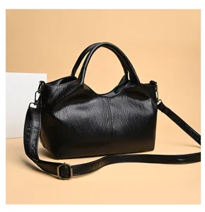 Black PU leather women handbag, large capacity tote bag, casual shoulder crossbody daily use.