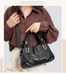 Women black leather shoulder bag multi-layer large capacity tote bag stylish handbag for daily use