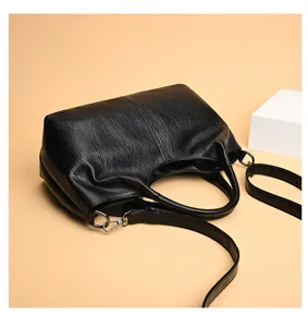 Black soft PU leather women shoulder handbag large capacity casual tote crossbody bag fashion