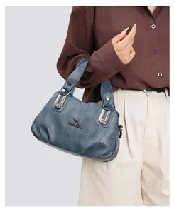 Women vintage blue leather shoulder bag large capacity multi-layer tote handbag daily use