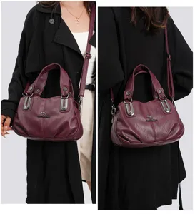 Burgundy faux leather shoulder bag detail, multi-layer large capacity tote for women daily use.