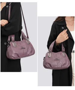 Purple PU leather shoulder handbag with multi-layer large capacity and elegant style details.