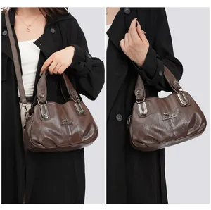 Women brown PU leather shoulder bag large capacity multi-layer handbag stylish retro tote