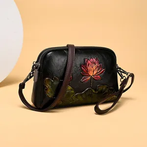Women Retro Embossed PU Leather Crossbody Bag Ethnic Style Lotus Carved Shoulder Bag Casual Daily Handbag