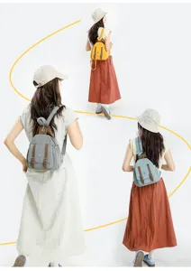 Vista dettagliata del mini zaino casual indossato da modelle, che mostra vari colori e dettagli.