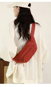 Back view detail of casual nylon fanny pack worn by model, showing zipper pocket and strap.