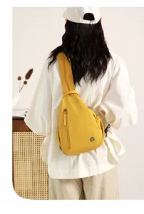 Women nylon chest bag casual crossbody backpack yellow multi layer daily outdoor use details view.