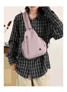 Minimalist women's nylon chest bag multi-layer casual crossbody backpack pink daily use