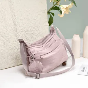 Pink multi-pocket nylon crossbody bag with coin purse casual daily shoulder bag